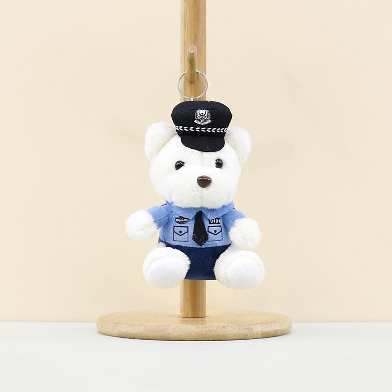 Cute Brown And White Plush Police Bear Keychain Adorable Cartoon Bear Doll For Bags