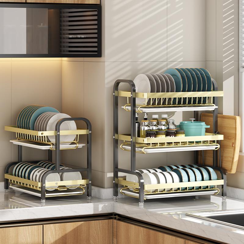 Scolapiatti a 2 ripiani, compatto, da cucina, set di scolapiatti grande antiruggine con portautensili