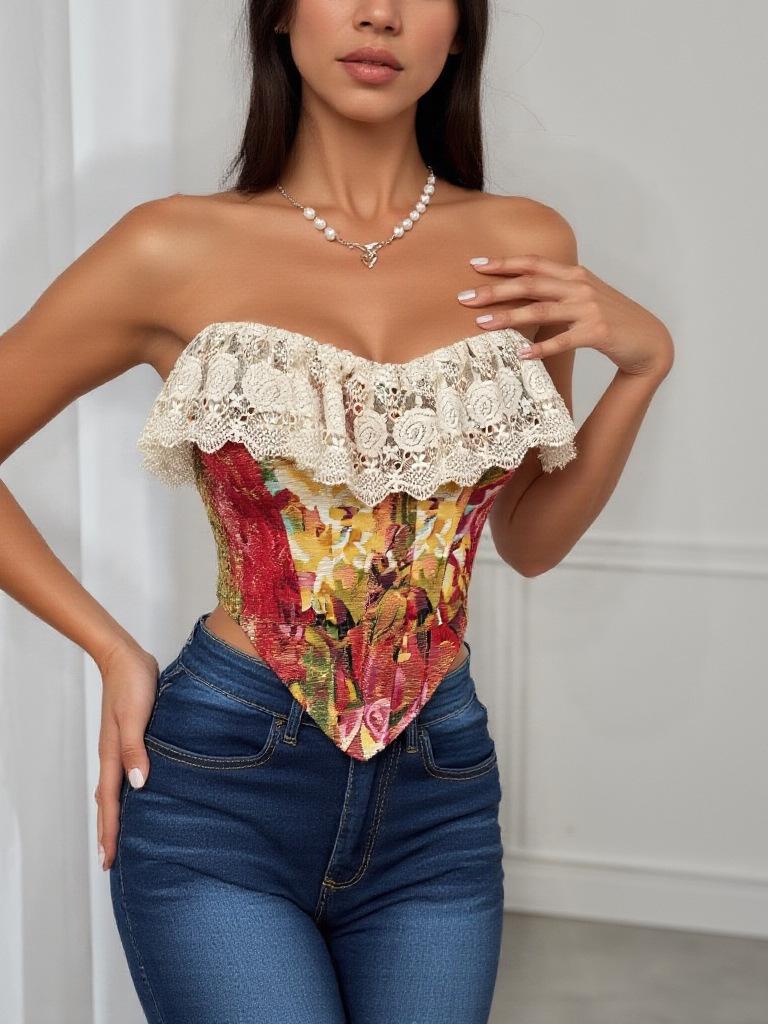 Retro Jacquard Lace Patchwork Fishbone Corset - Sexy French Oil Painting Style