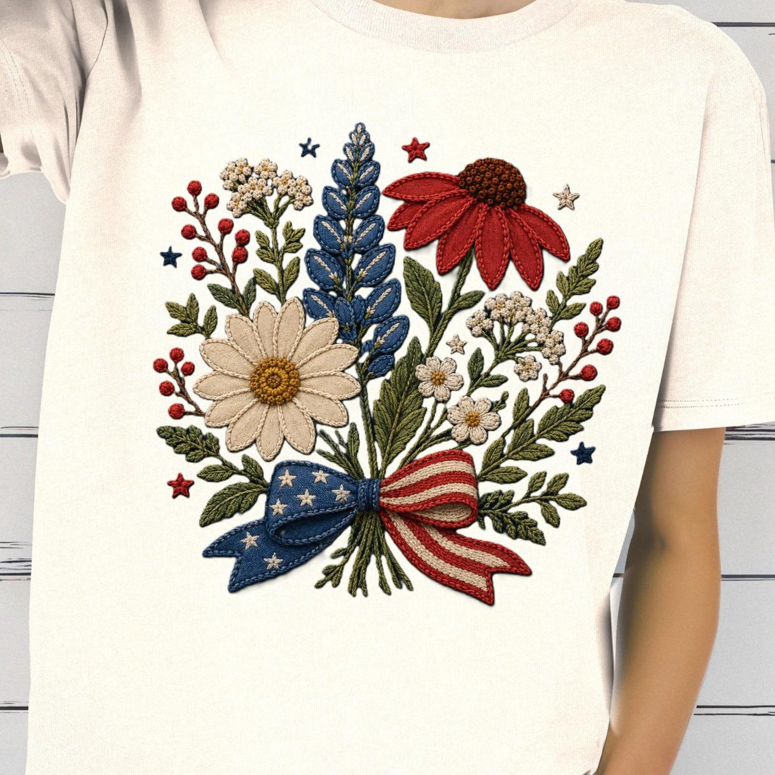 Patriotic Floral T shirt, American Wildflower Tee, Red White Blue Flower Shirt, Fourth of July Floral Tee, USA BouqueT shirt 4XL