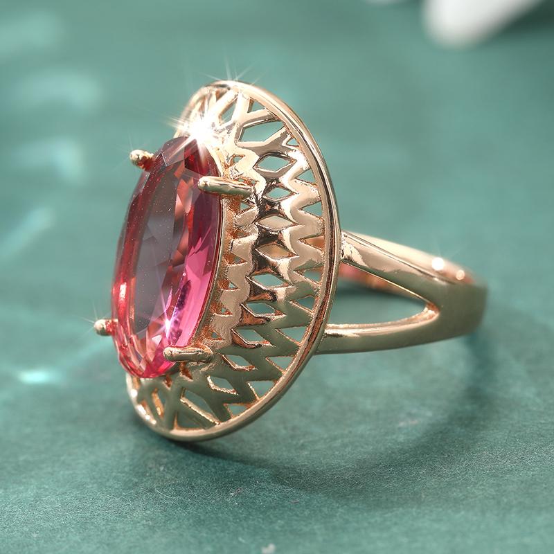 Rose Golden Classic Oval Synthetic Red Gemstone Rings For Women Hollow Carving Craft Luxury Wedding Rings Jewelry Gift