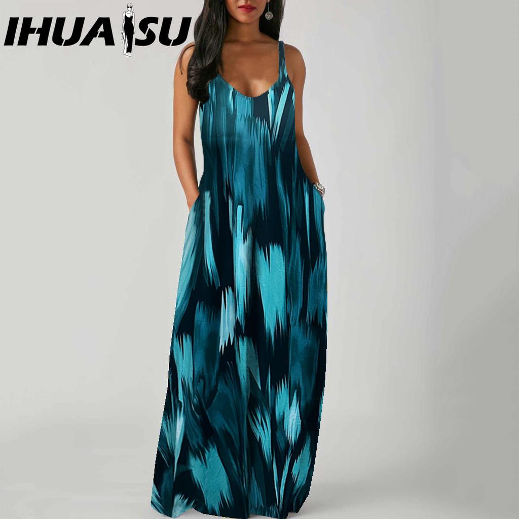 IHUASU Elegant Fashion Floor Length Sleeveless V Neck Simple Women Summer Retro Printed Loose Waist Straight Dress