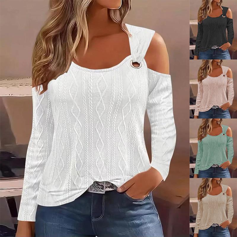 Tops women’s New Casual V-neck Metal Buckle Jacquard Long-sleeved T-shirt