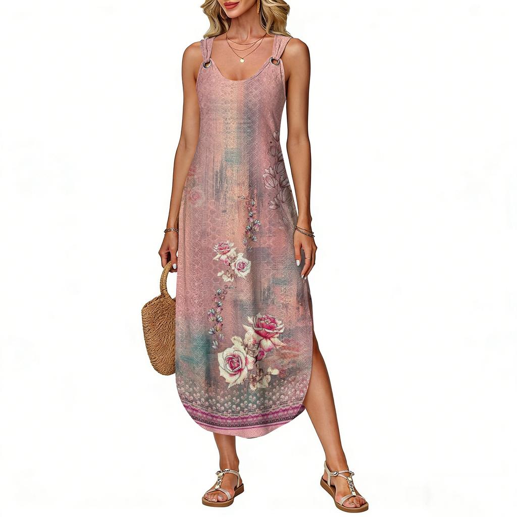 Women's summer long dress, sleeveless with side slits, long retro printed camisole dress