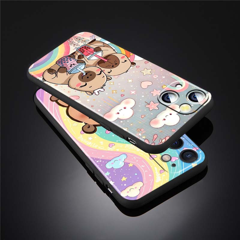 Cartoon Anime Capibala Art Phone Case For Apple iPhone 17 16 16E 15 14 13 12 11 Pro Max Plus Black Soft Silicone