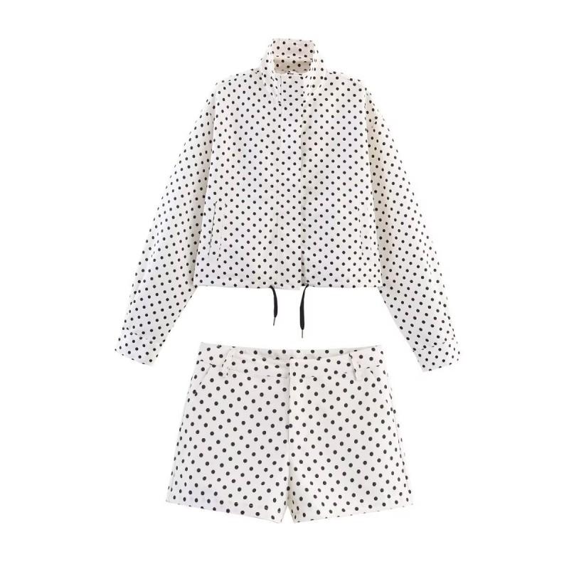 Womens Stand Collar Long Sleeve Colorblock Polka Dot Drawstring Jacket Short Outerwear