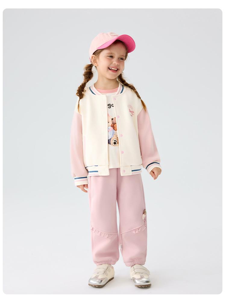 Girls' Cartoon Baseball Jacket: Warm, Fleece-Lined, Thick Cotton Coat With Stand Collar for Autumn/Winter.