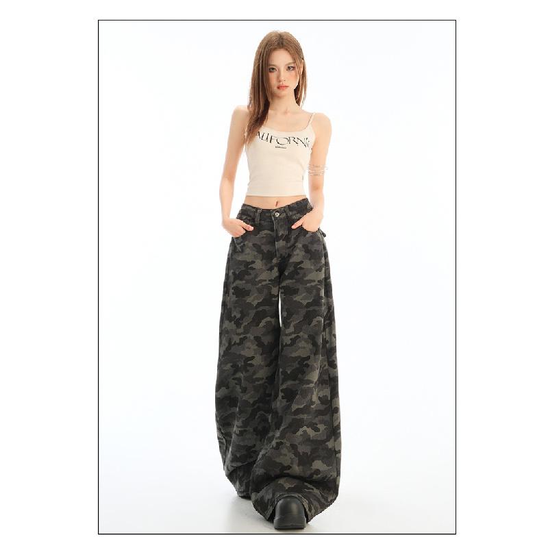 High street workwear wide-leg denim camouflage pants for women 026 new high-waisted slimming loose straight pants