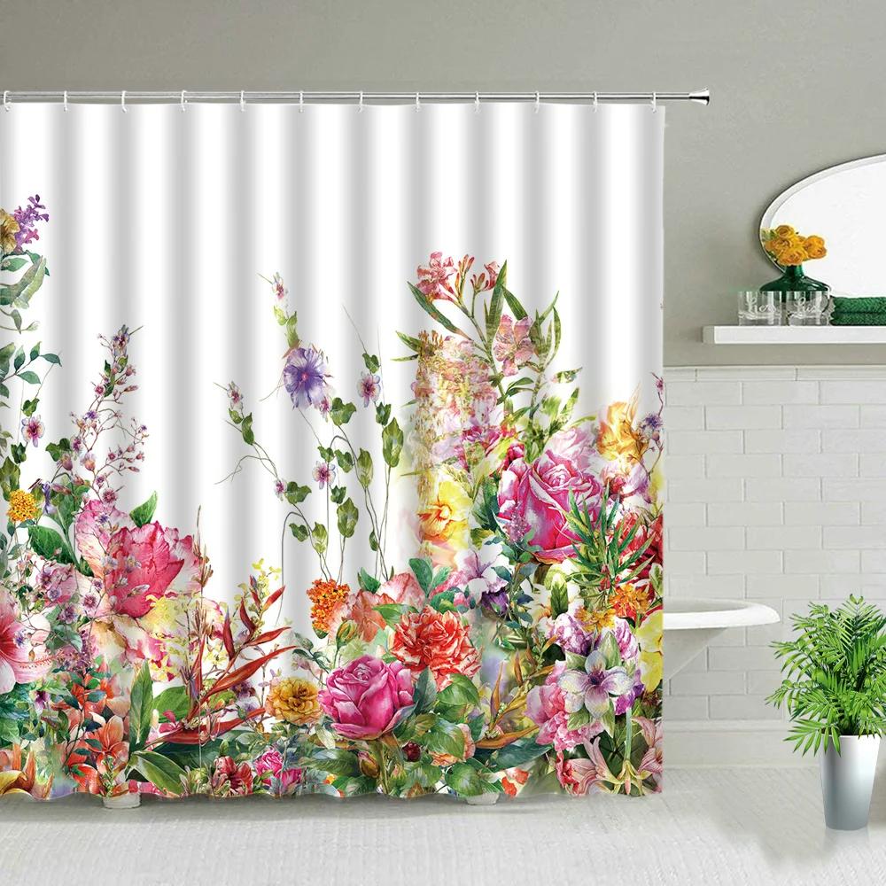 Plant Series Shower Curtains Bathroom Waterproof Polyester Cloth Curtain Set Flowers Print Screens For Bathtub Decor With Hooks