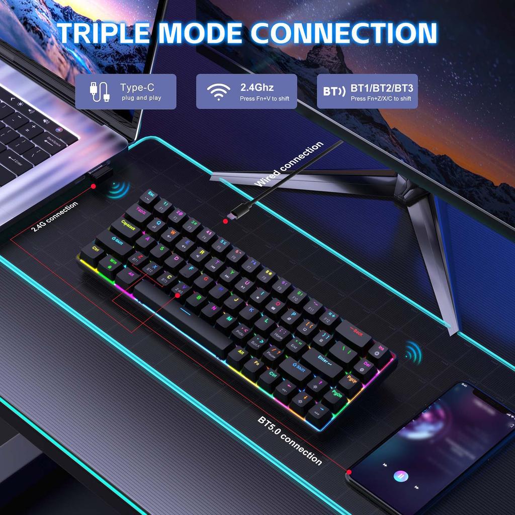 68 Keys Mechanical Keyboard Hot Swappable Red Switch RGB Backlit Wireless Wired BT 5.0 Black 3 Mode