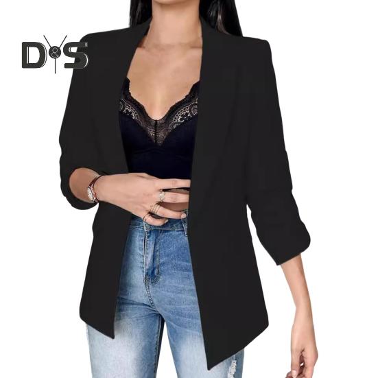 

Женский пиджак с лацканами, длинными рукавами, карманами-клапанами, однотонный пиджак с открытым передом для офиса и деловой одежды L чёрный