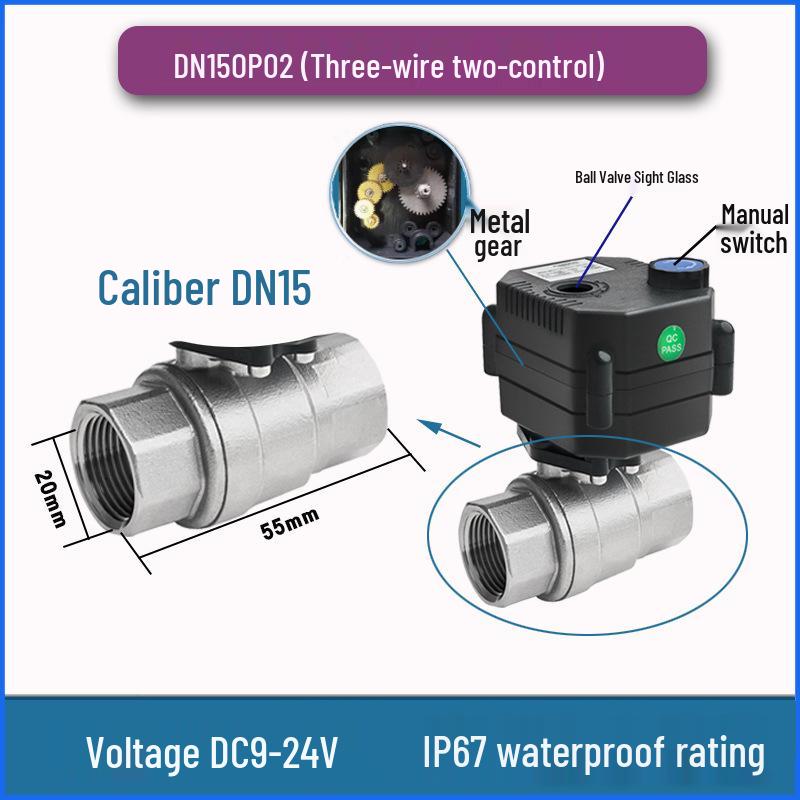 Stainless Steel Mini Electric Two-Way Ball Valve with Sight Glass, Manual-Automatic Integration, Waterproof, Threaded, DC Compatible