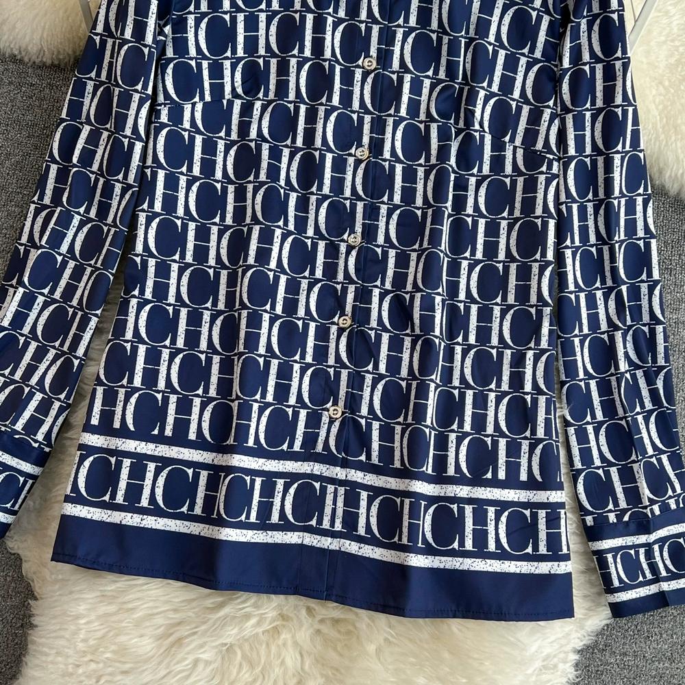 Women's Summer Version of The Loose Single-breasted Letters Printed Shirt Two-piece Set of High-waisted Thin Straight Wide-legged Trousers