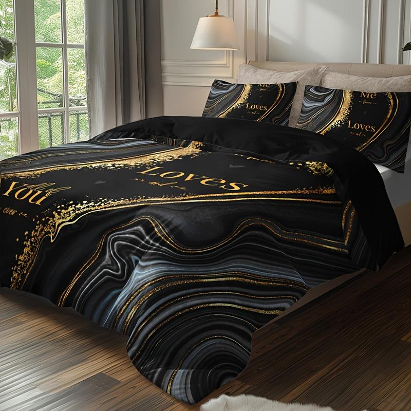 Quicksand Texture Letter Duvet Cover Set 1 Duvet Cover With 2 Pillowcases High-Definition Print Bedding Set Room Decor