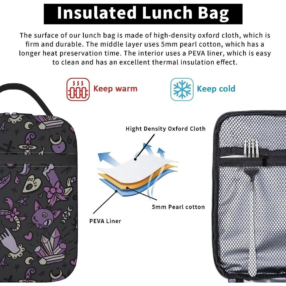 Purple Gray Goth Spooky Insulated Lunch Bag with Detachable Buckle Handle Portable Lunch Box Reusable Bento Tote Bag