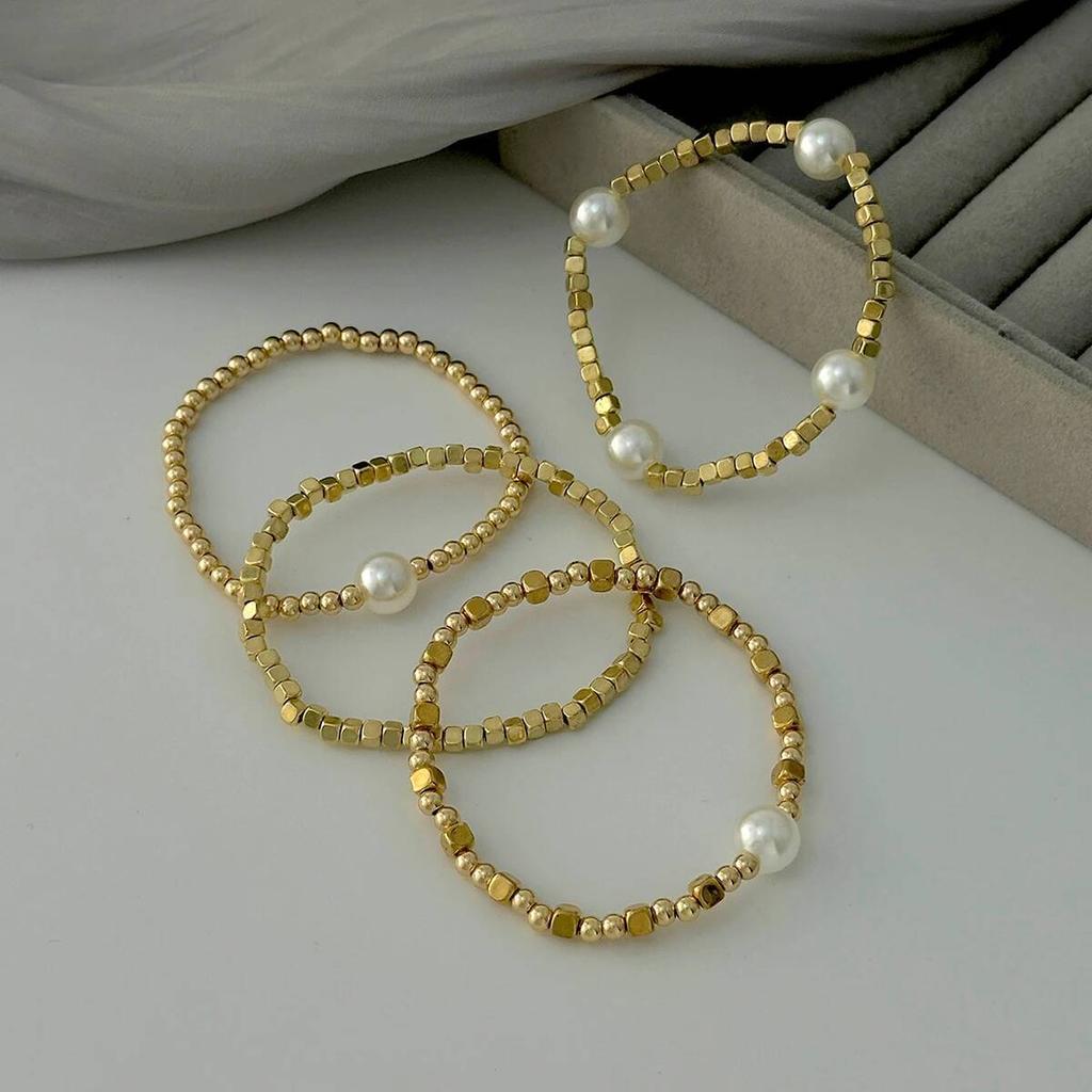 Salircon 4 Pcs/Set Bohemian Imitation Pearl CCB Beaded Bracelets for Women Vintage Handmade Stretch Bangle Couple Trendy Jewelry