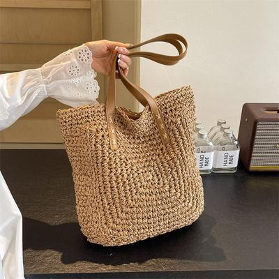 Bolso de paja tejido, sencillo y de gran capacidad, moderno bolso de hombro para playa de verano para mujer, moderno bolso con cremallera para niñas.