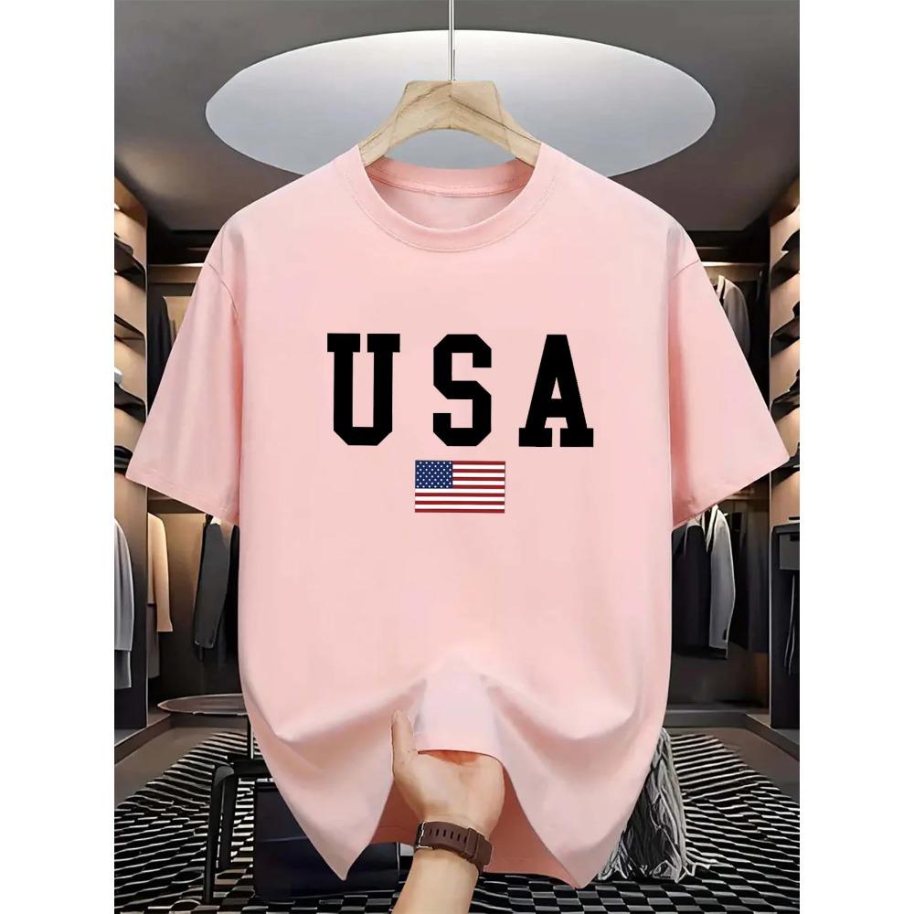 Męska letnia modna casualowa koszulka z krótkim rękawem z okrągłym dekoltem i grafiką flagi narodowej USA, 100% bawełna, luźny krój