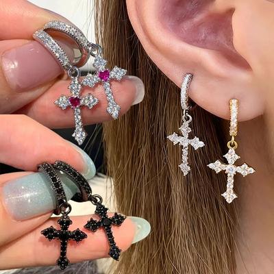 Vintage Multi-Color Diamond Cross Earrings Ultra Sparkle Cross Earrings Gothic Unique Niche High-End Sexy Versatile Jewelry