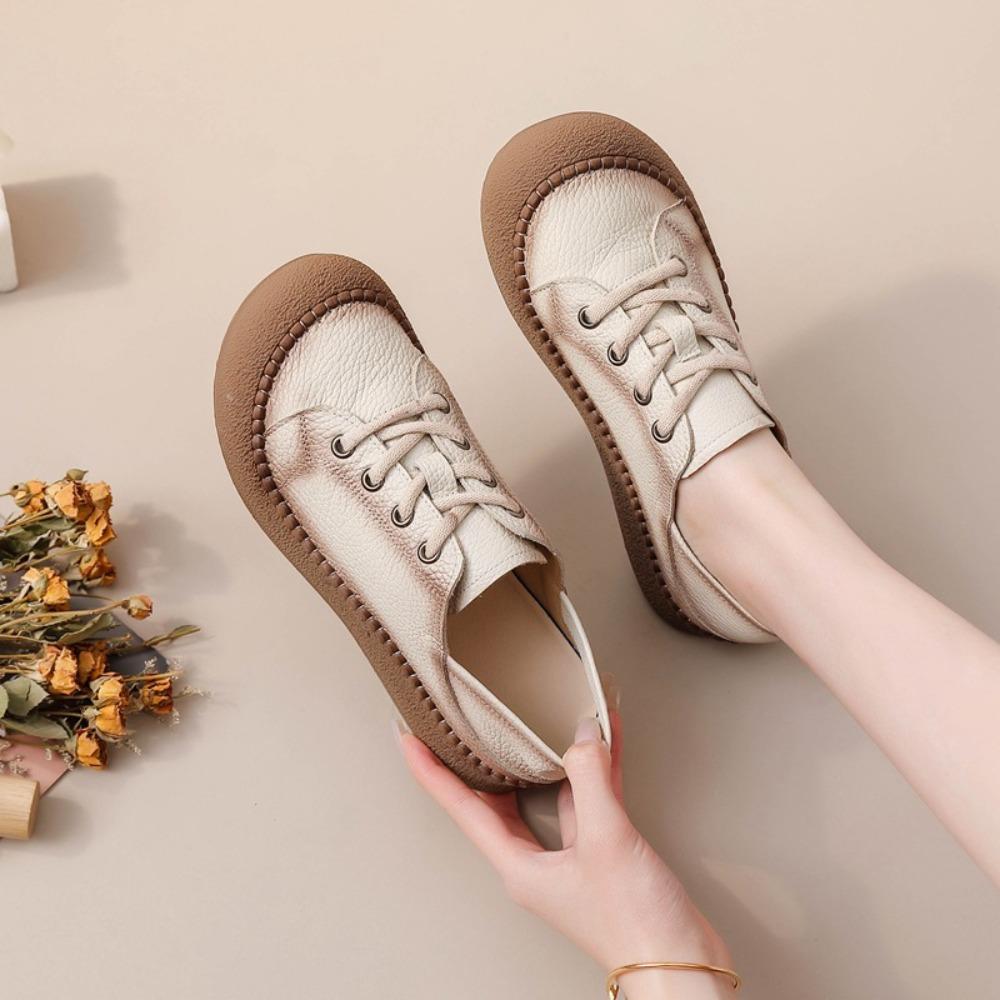 Genuine Cowhide Mom Shoes, Round Toe Versatile Casual Leather Shoes, Spring Summer Soft‑Sole Wear‑Resistant Flat Loafers for Women SA‑1011