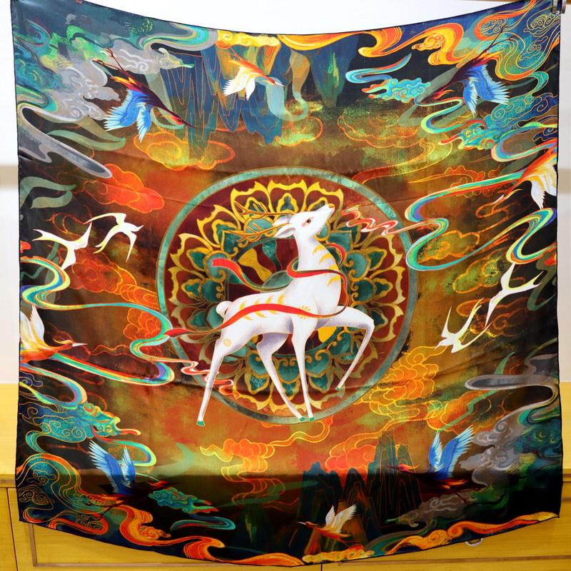 National Style Dunhuang Feitian Deer Hangzhou Silk Versatile Mulberry Silk Scarf Silk Scarf Women s 110 Square Scarf Shawl 106*106cm