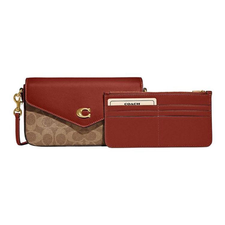 Coach Women's Brown/Pink Wyn 20 C Logo Flap Snap Color Block Classic Monogram Canvas Leather Envelope Shoulder Bag Small Bags C8442-B4nq4