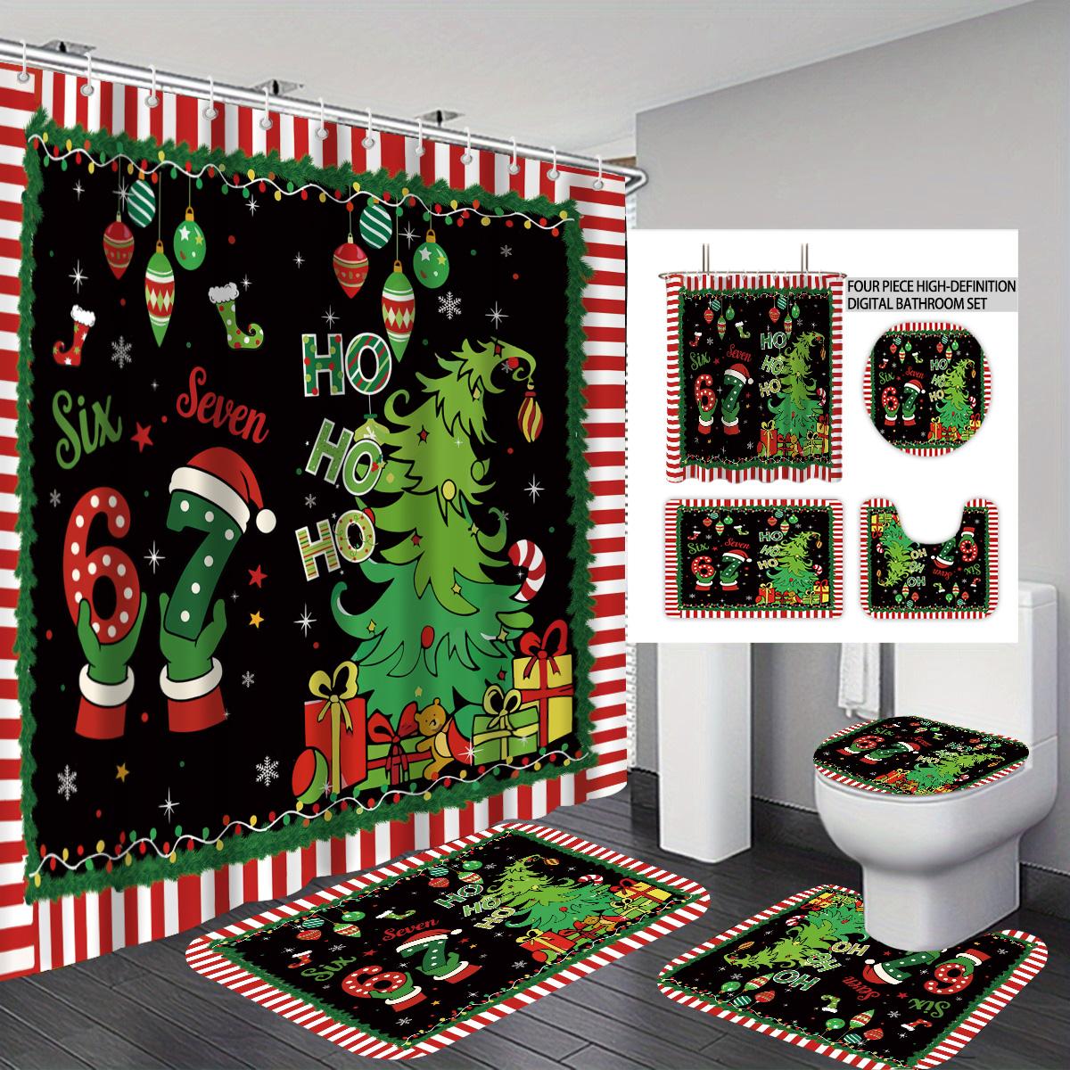 

4 Merry Christmas 67 Elements Black Print Bathroom Waterproof Privacy Shower Curtain 12 Hooks Toilet Mat U-Shaped Pad Floor Mat W60H190(CM)-1 Pcs
