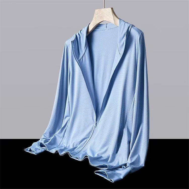 Men's Summer Ice Silk Hooded Sun Protection Jacket - Lightweight, Solid Color, Loose Fit, Plus Size.