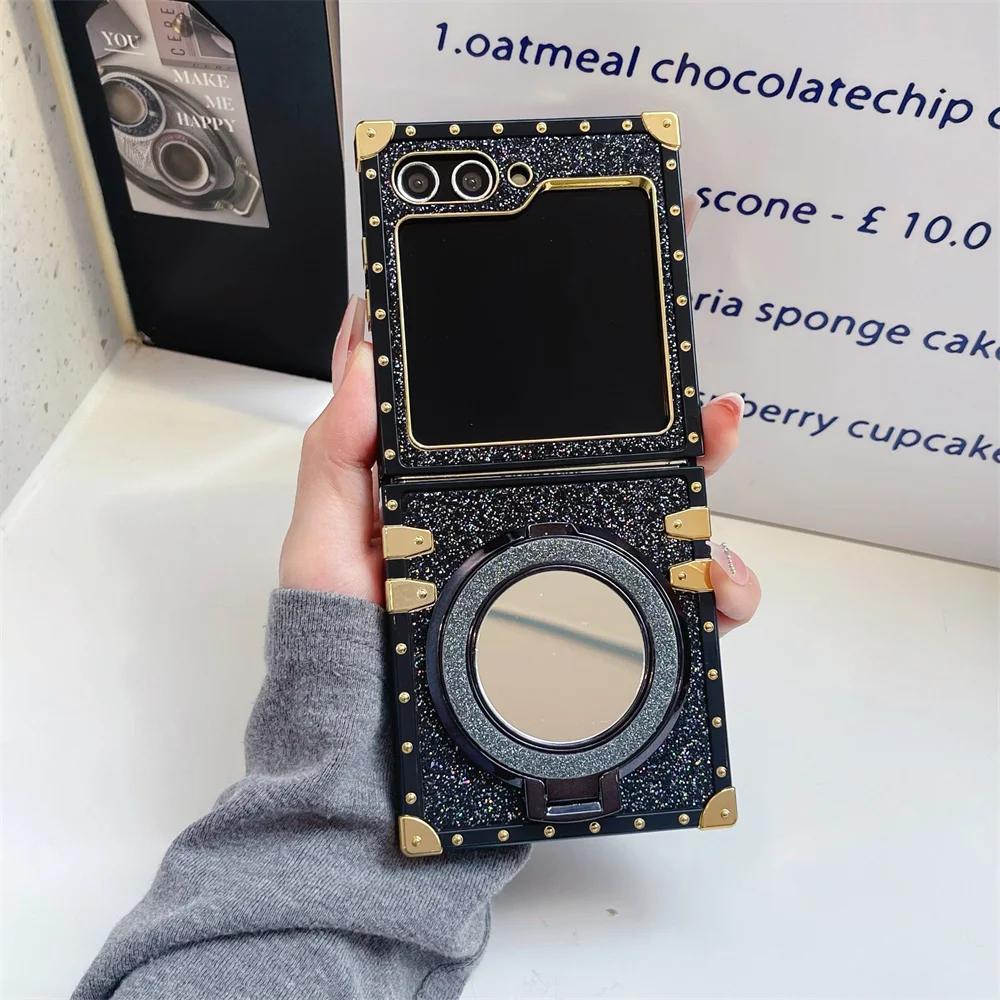 

Блестящий милый девчачий чехол для телефона с зеркалом и магнитной подставкой-держателем для Samsung Galaxy Z Flip 6 5 4 3 5G, задняя крышка For Samsung Galaxy Z Flip6