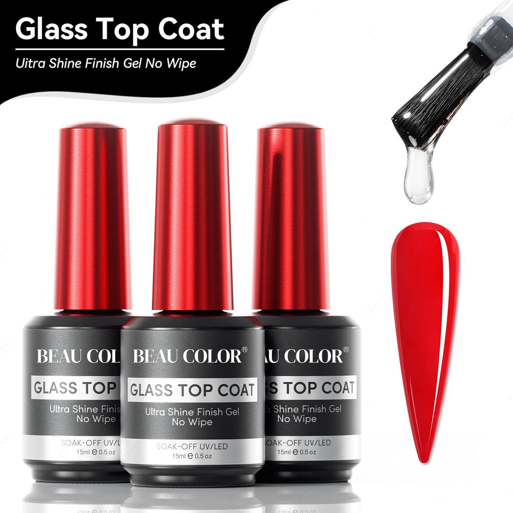 BEAU COLOR 1pcs Glass Top Coat Hema Free Nail Gel 15ml No Wipe Long Lasting Shine Finish Top Coat Gel for Women Nail Art Design