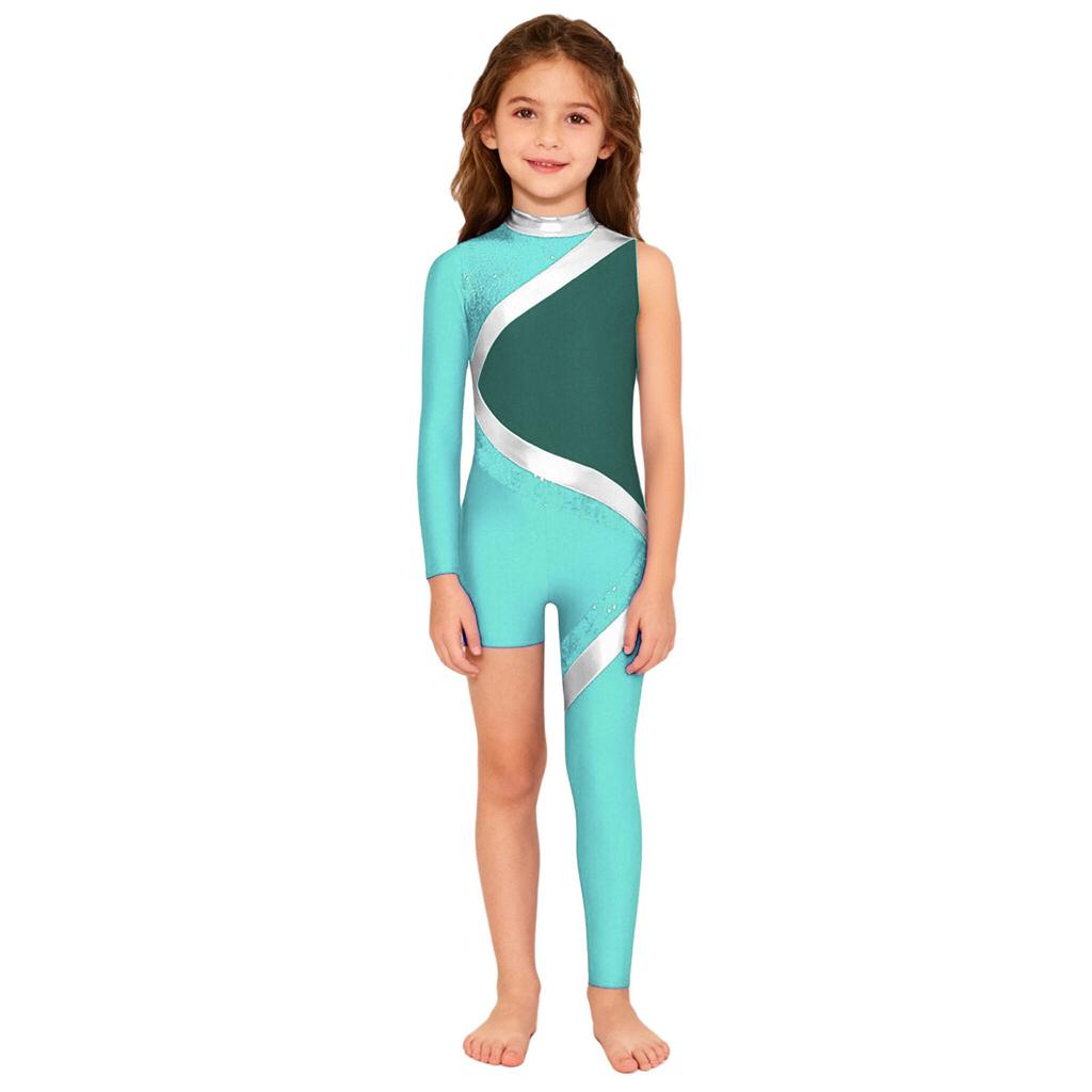 Kids Girls Stage Performance Jumpsuit: Mock Neck Shiny Sequins Color Block Asymmetrical Cut with Back Invisible Zipper