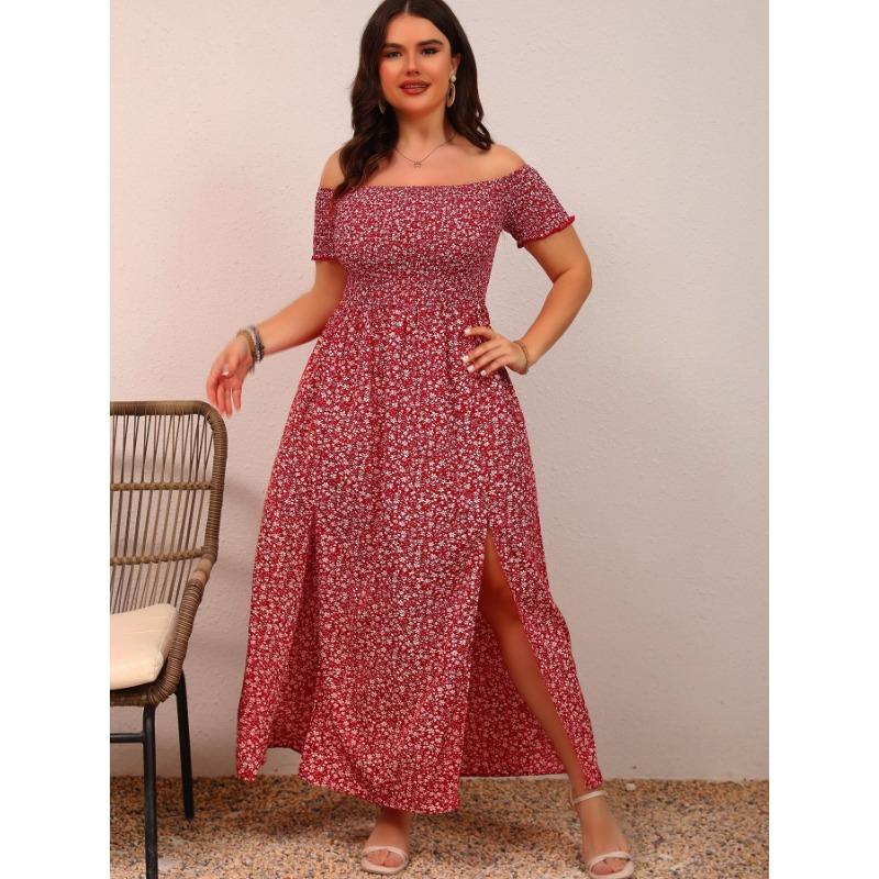 Women's Plus Size Casual Bohemian Printed Strapless One Neck Split Dresses