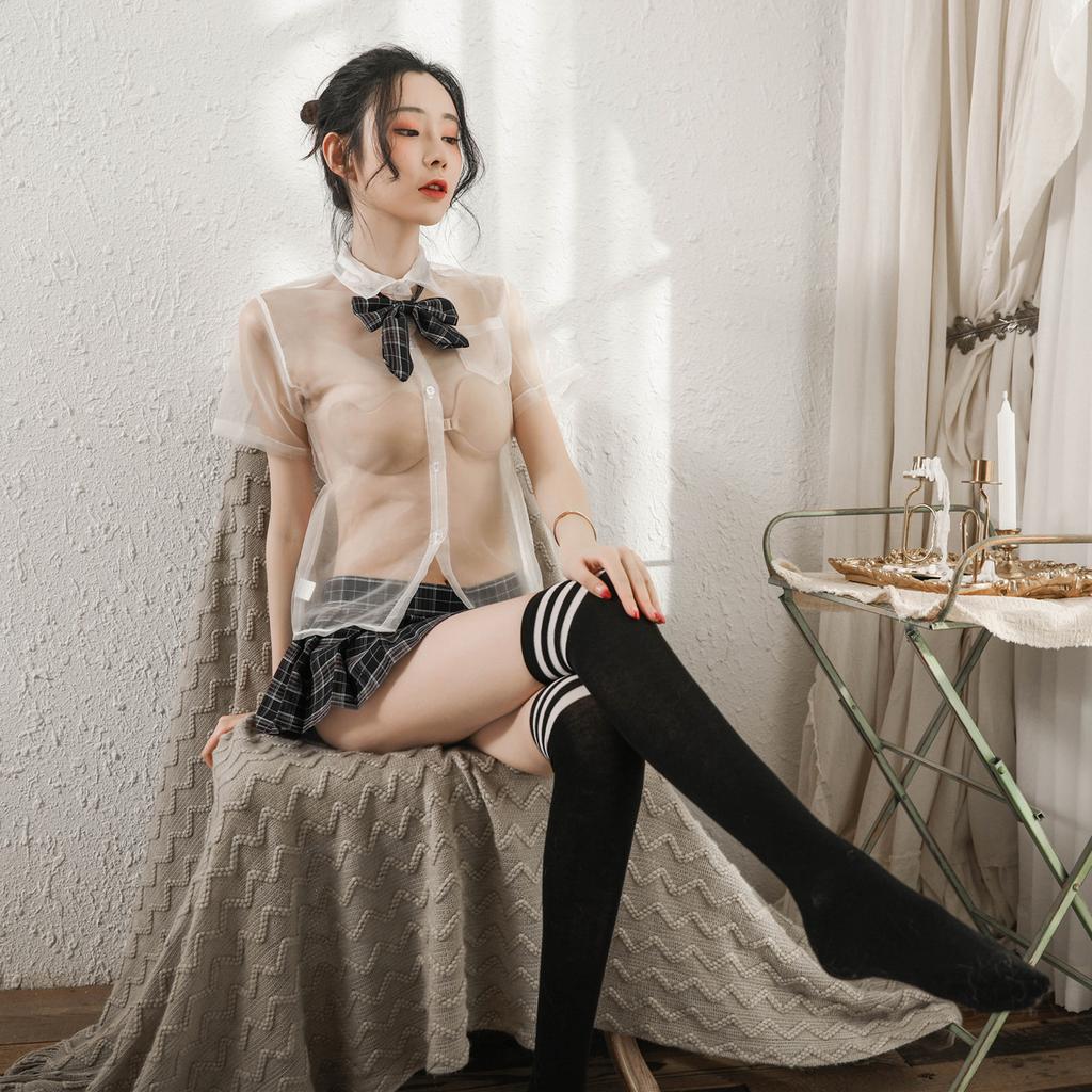 Sexy Underwear Perspective Cute School Girl Dress Temptation Bow Plaid Short Skirt Pure Desire Sexy Uniform Suit Free