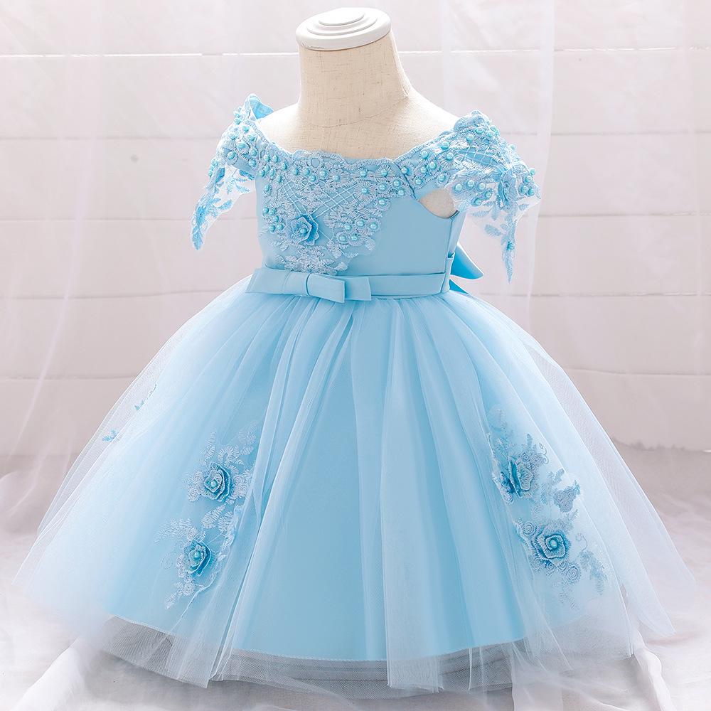One-Shoulder Fluffy Baby Christening Dress with Beaded Flower and Bow