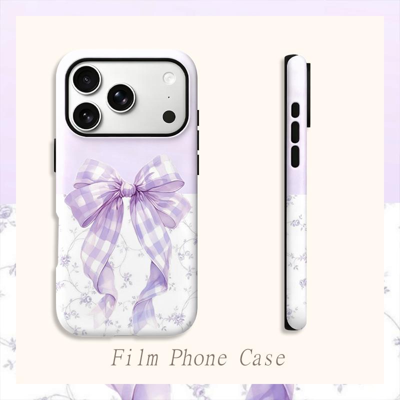 Delicate Lavender Gingham Bow Floral Toile Pattern Art Film Aesthetic Protective Shockproof Bumper Case Cover For iPhone 14 15 16 Pro Max Plus