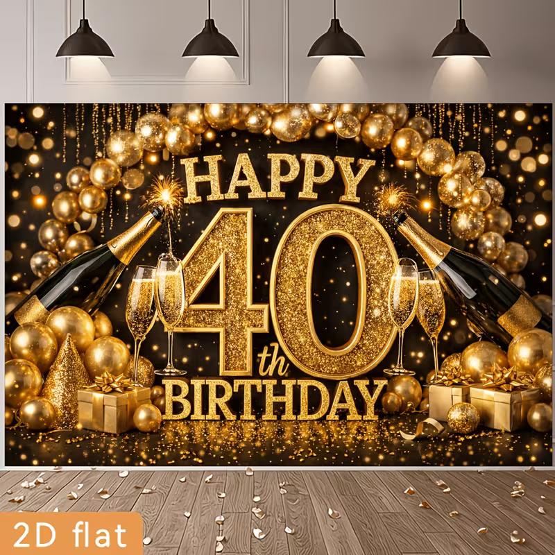 Fondo 2D para Fiesta de 40 Cumpleaños, Tema Negro y Dorado con Botellas de Champán para Decoración de Fiesta