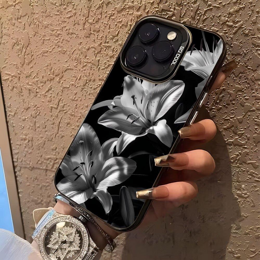 Black and White Lily Flower Pattern Phone Case Suitable for iPhone 17 16 15 14 13 12 11 Pro/Max/Plus Anti Drop and Shockproof