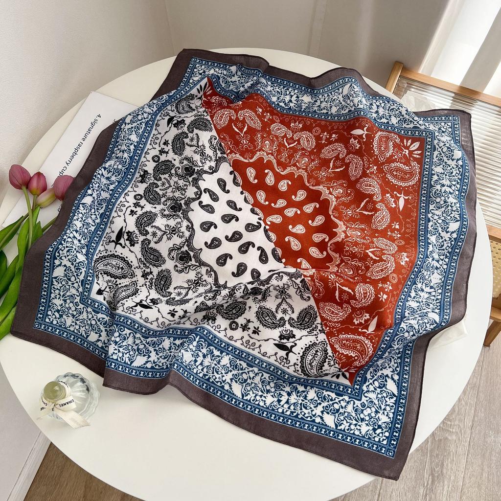 Old Money Wind Cashew Flower Cotton Brown Small Square Scarf Silk Scarf Scarf Shirt Shawl Hair Band Belt Scarf