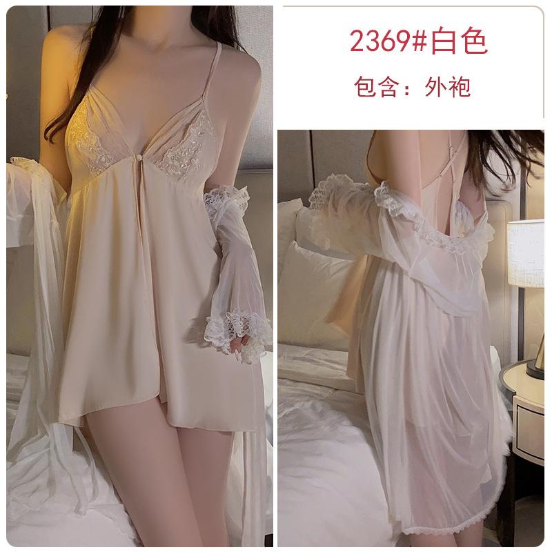 Satin deep V temptation pure lace mesh stitching suspender nightdress robe loungewear one size fits all