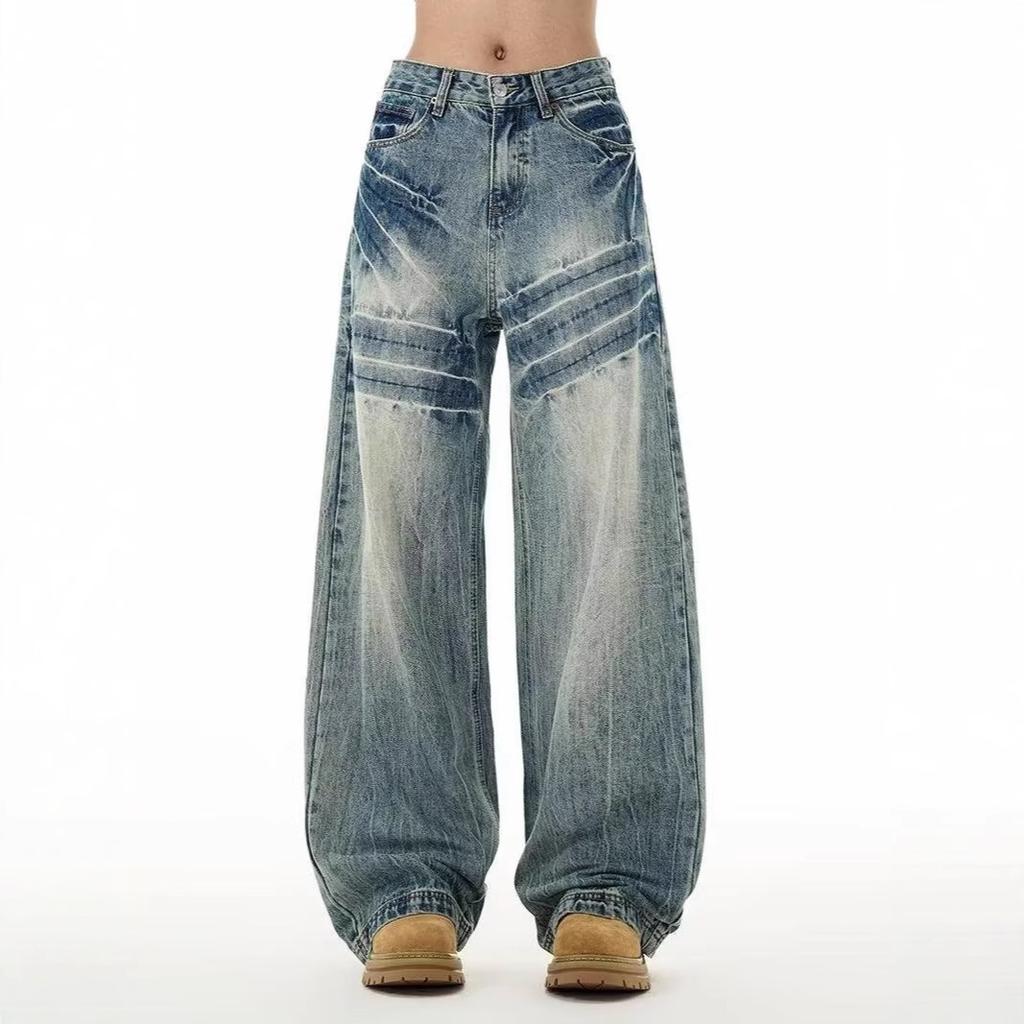 European and American hiphop fried street American washed old jeans niche design loose wide-leg pants mopping pants tide