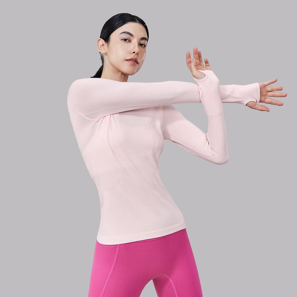 Women's Seamless Waist-Cinched Round Neck Long Sleeve Yoga Top: Breathable, High Elasticity, Shaping, Fitness Base Layer.