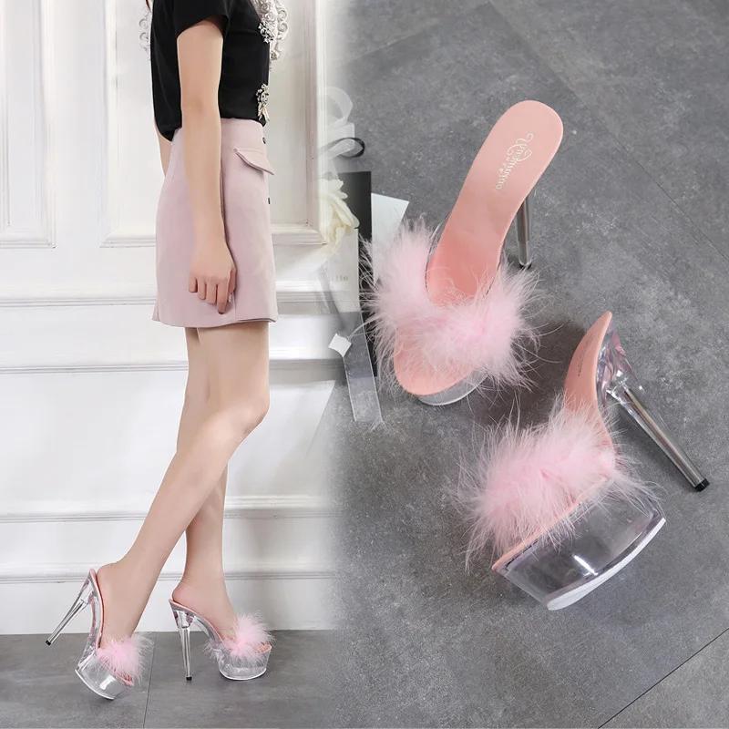 2025 Hairy Sexy Super High Heel Shoes 15CM Thin Heel Platform Slippers Transparent Crystal Shoes Wedding Shoes Women's Slippers