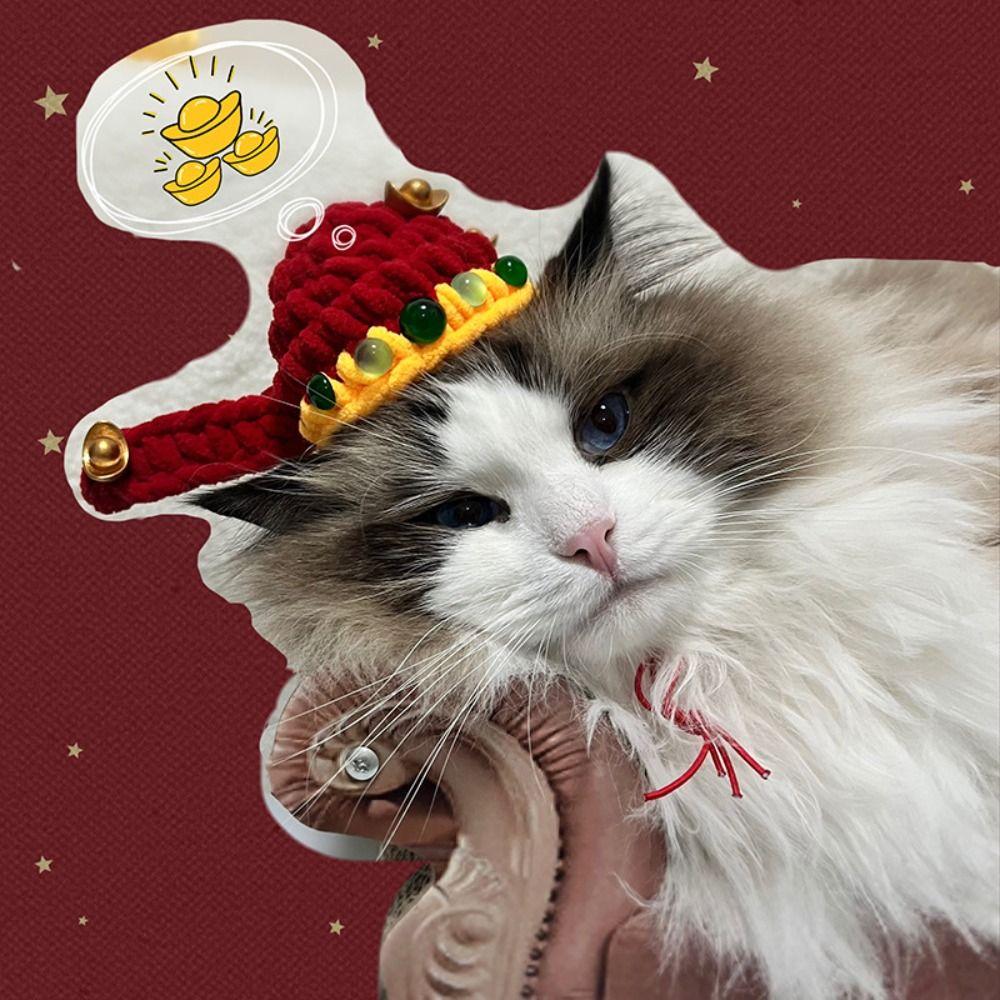 Chinese Style Fortune Cat Headwear Hand-crocheted Warm Pet Knitted Hat Blessing Traditional Pet Beret For Small Dogs Cats