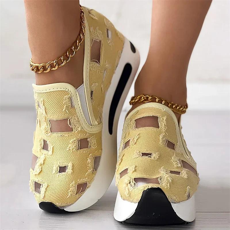 Women Sneakers 2024 Platform Wedge Embroidery Mesh Sneakers Women Slip On Casual Comfy Heeled Shoes for Women Zapatos De Mujer