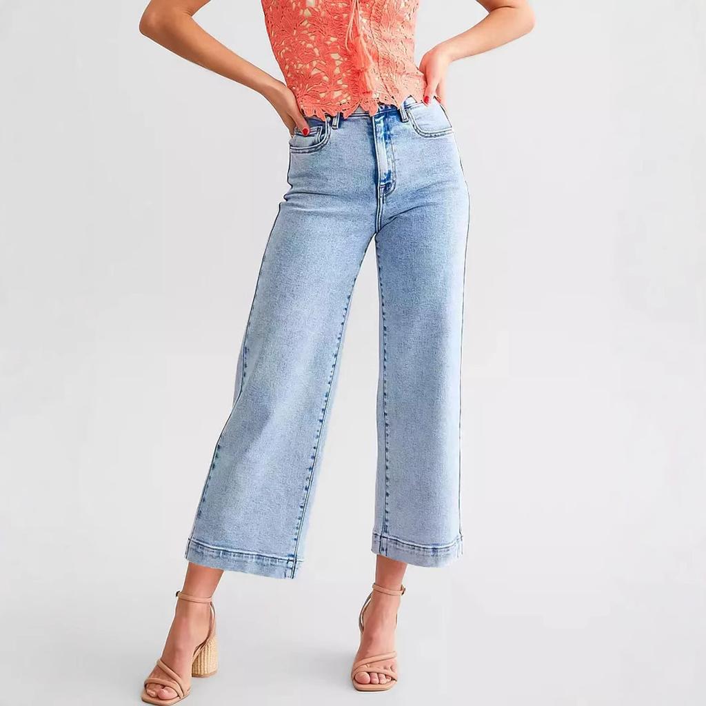European and American Four Seasons Women's Slim-fit Versatile Straight-leg Nine-point Jeans
