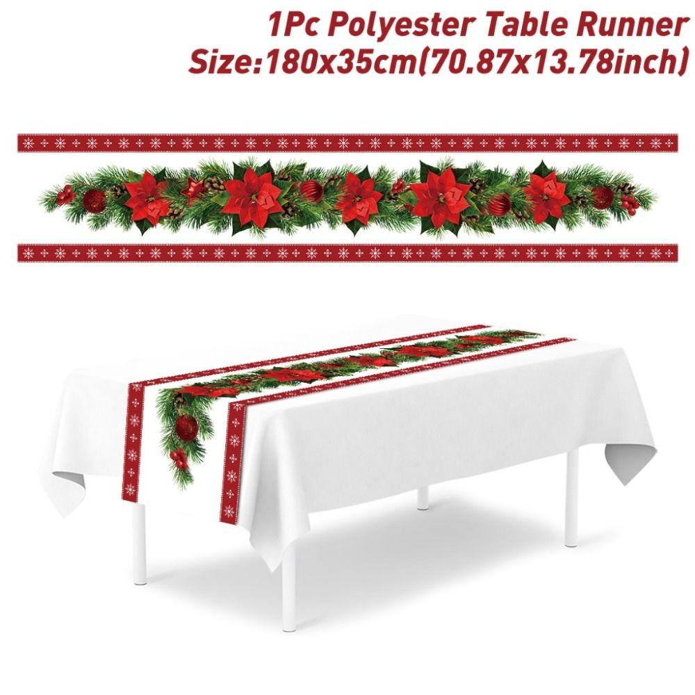 33*183cm Size Christmas Table Runner Polka Dot Cartoon Reindeer Xmas Decorations Reusable Red Linen Dining Table Decoration