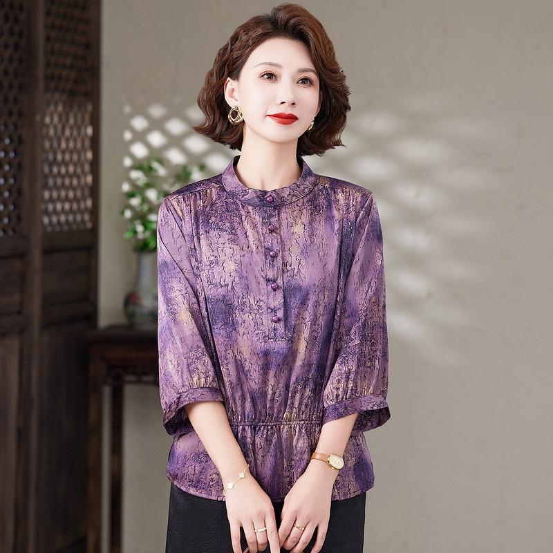 

2025 Summer Chiffon T-Shirt with Seven Sleeves for Middle-aged and Elderly Women 4XL