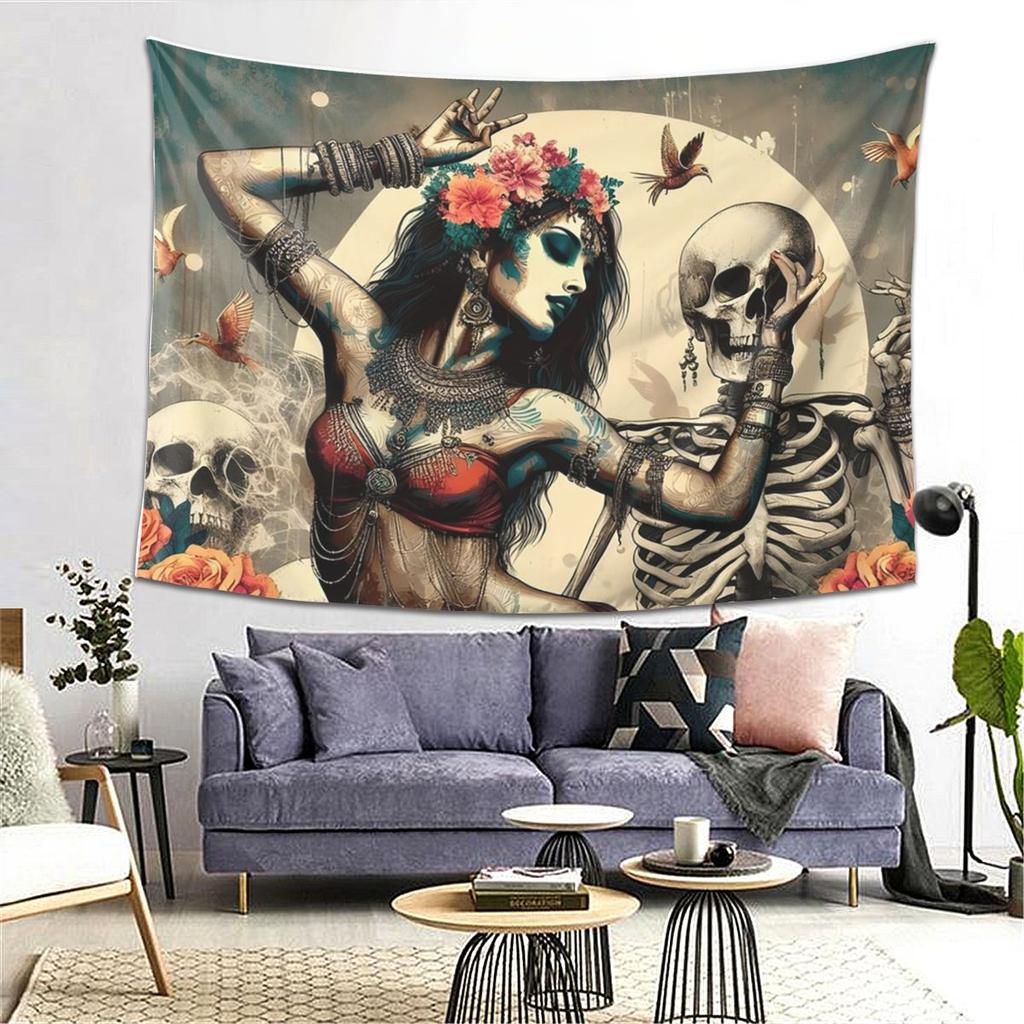 Alexander Gothic Las Elegantes Girls Day Of Dead Skull Tapestry Wall Hanging Aesthetic Home Decor Tapestries for Dorm Room