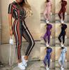 2026 Spot, Summer Popular European and American Women's Clothing Casual Lapel Printed Belt Tooling Jumpsuit OM