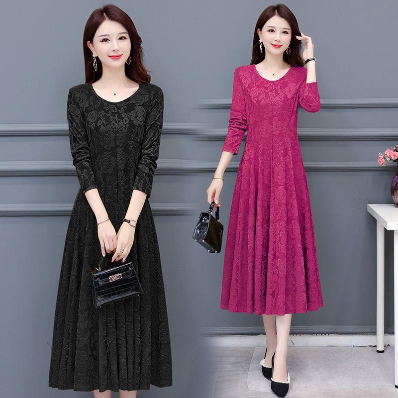 Abito Maxi Lussuoso Jacquard Floreale Girocollo Maniche Lunghe per Madri Elegante Abito da Ballo